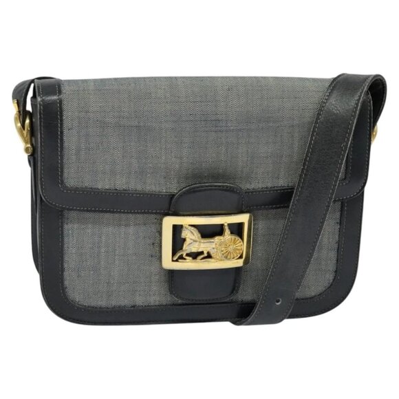 CELINE Shoulder Bag Leather Canvas Navy Gold Auth BD2149 - Picture 1 of 16